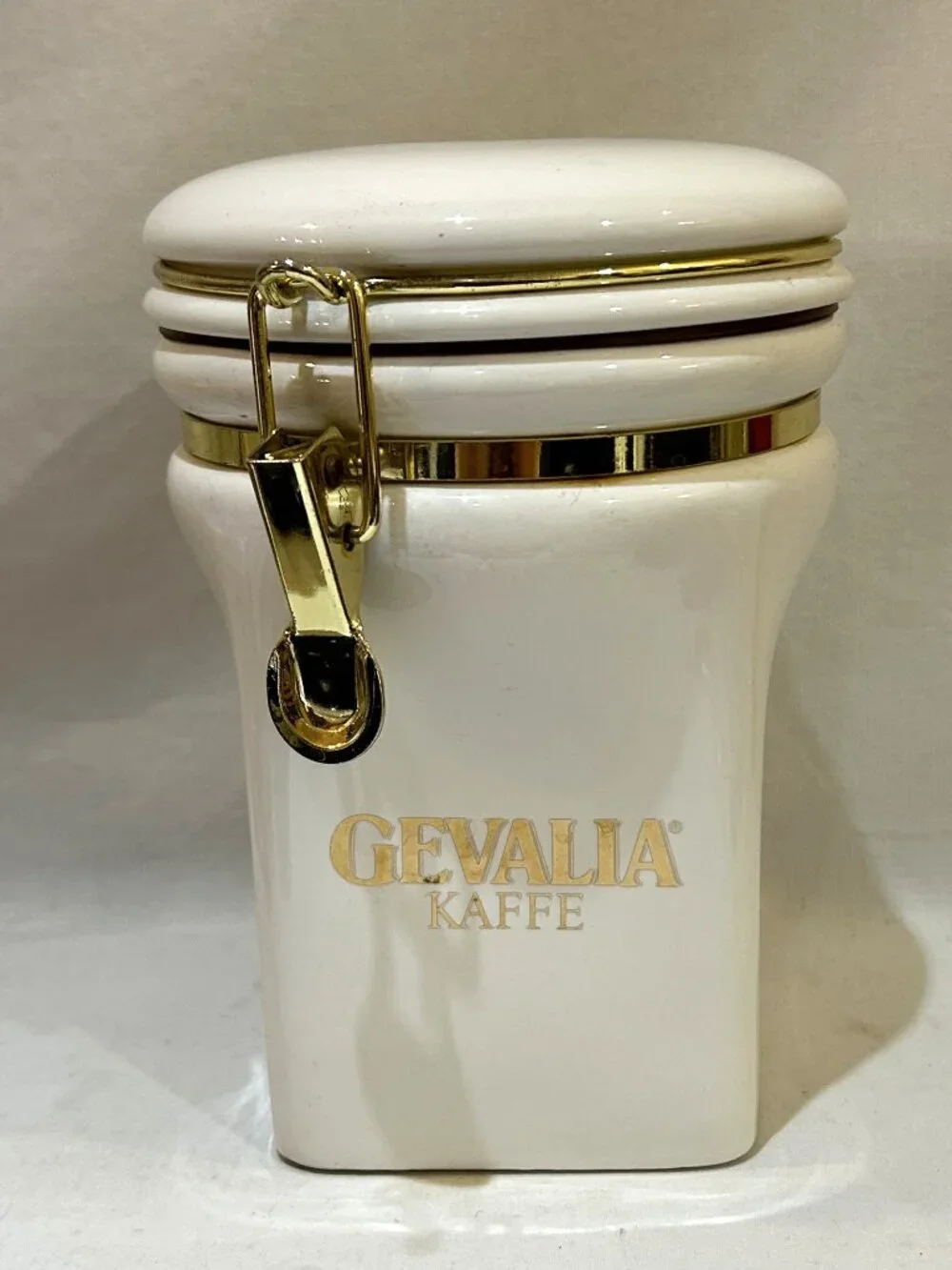 Vintage Gevalia Kaffe White Ceramic Coffee Canister Airtight Flip Top Lid